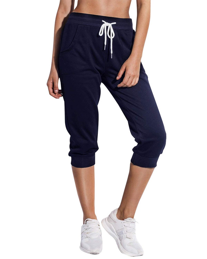 SPECIALMAGIC Women's Capri Sweatpants Cropped Jogger Terry Running Pants Lounge Drawstring with Side Pockets Navy XL - Image 1